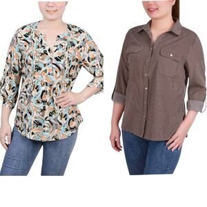 NY Collection NWT Tunic Tops Bundle 2 Petite Large PL Mixed Print Roll Tab Work